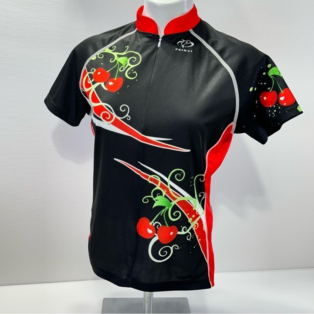 Primal Cycling Jersey Black Red Cherry Print Size L Zip Front Short Sleeve Shirt